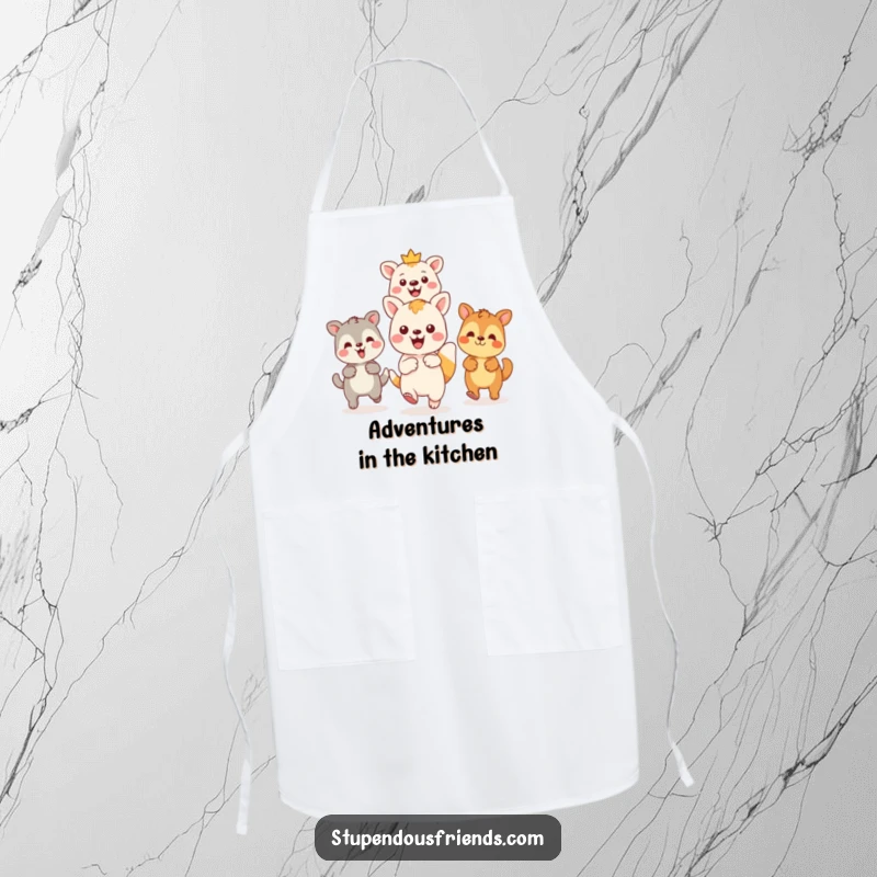 Funny Kawaii animal leading friends on an adventure on a functional apron, a humorous and inspiring kitchen accessory for gifting.