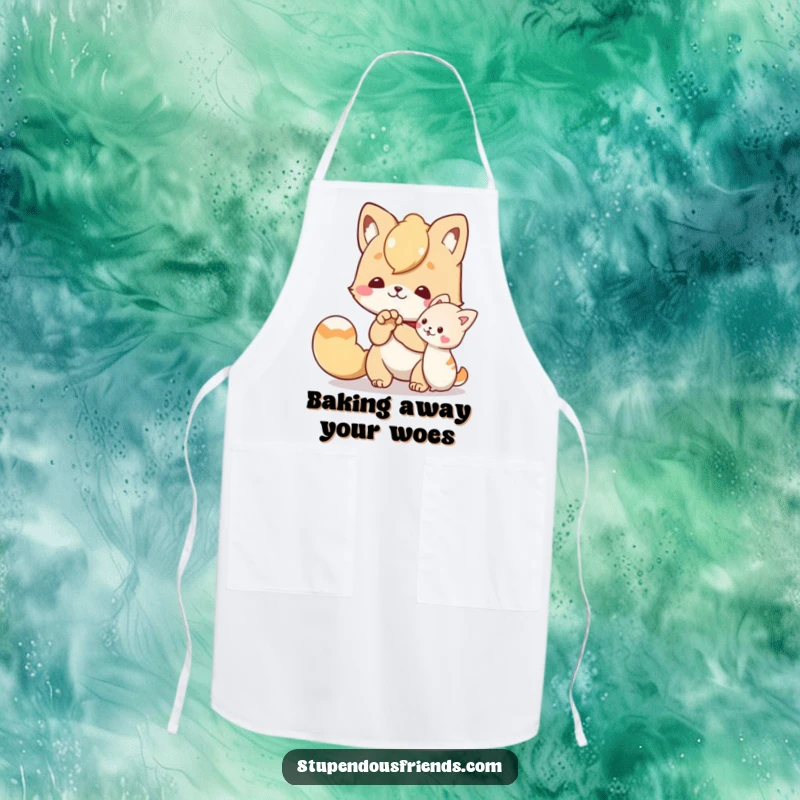Funny apron showing a character offering a helping paw to a friend, perfect for adding a touch of supportive humor to kitchen tasks.