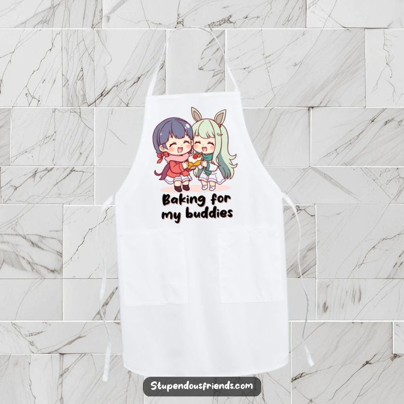 Funny Apron: A character shares a yummy treat with a smiling friend. This durable and funny apron is perfect for spreading kindness.