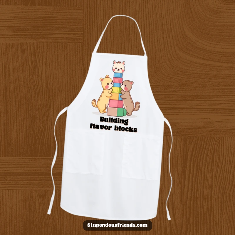 Funny Apron: Two animals enthusiastically building a tower of colorful blocks. This durable and funny apron is perfect for a playful cook.