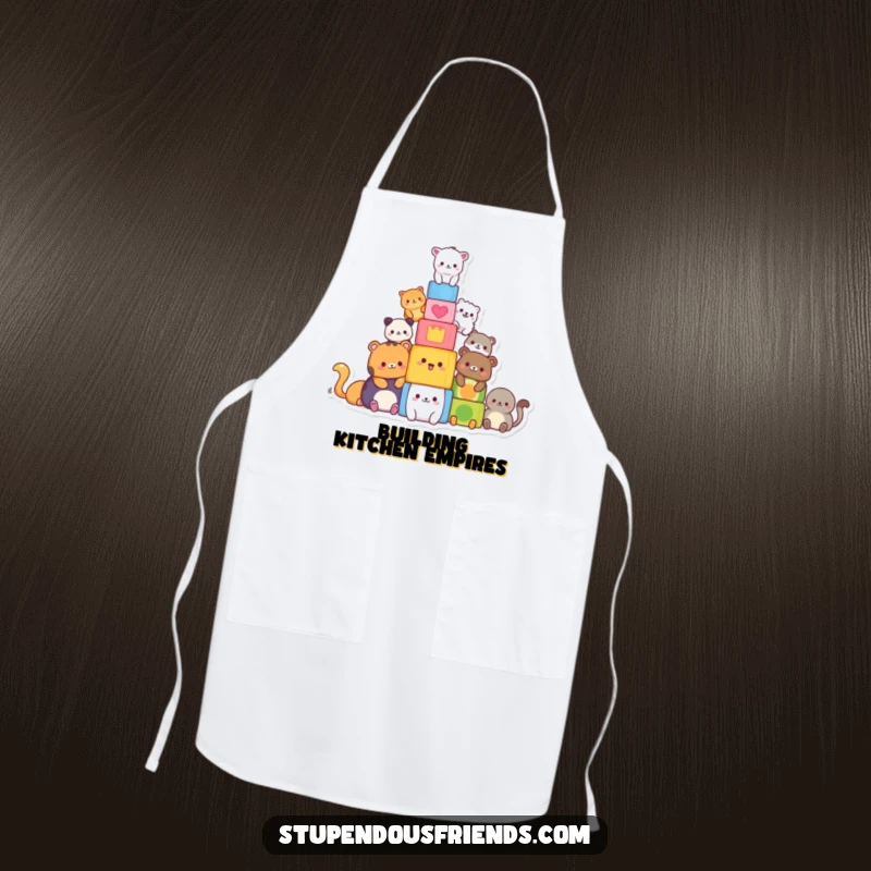 Funny apron with animals stacking blocks, depicting a humorous cooking or building scene. A great funny gift.