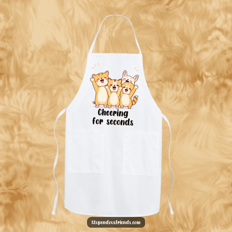 Funny apron showing happy animals cheering with raised paws and excited gestures, adding fun to kitchen tasks.