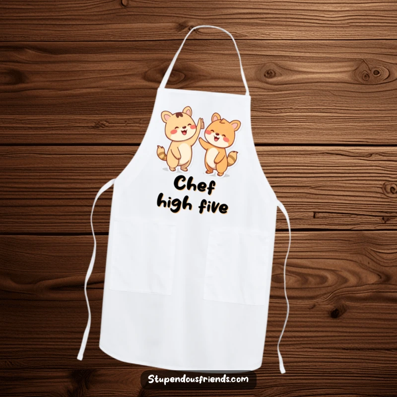 Funny Apron: Two animal characters joyfully high-fiving, adding a festive touch to cooking and hosting.
