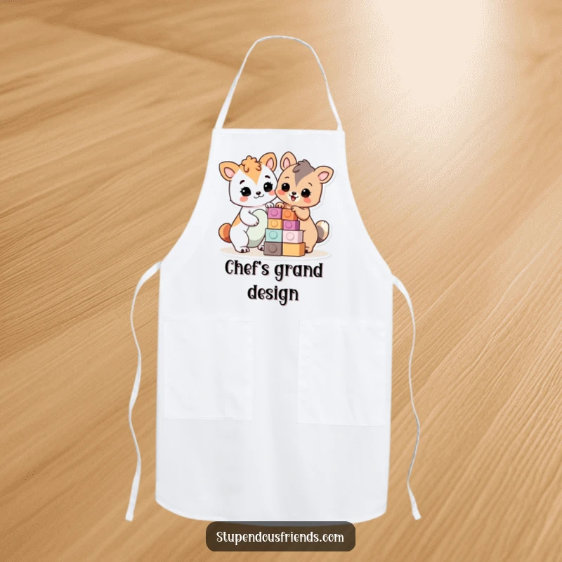 Funny Apron: Animals proudly building with blocks, adding humor to the kitchen, a perfect funny gift.