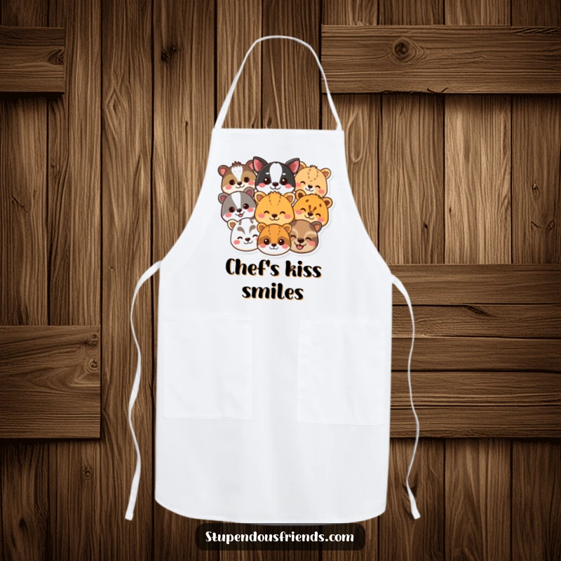 Funny animal smile apron with a parade of happy animal faces, perfect for adding humor to cooking and baking adventures. Great funny gift.