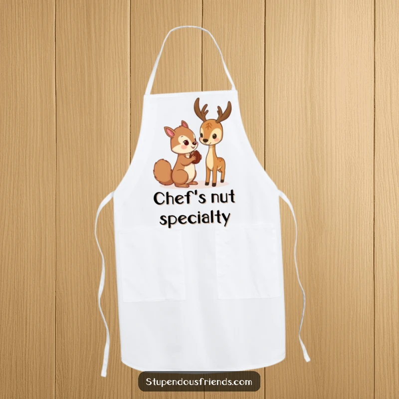 Funny Apron depicting a squirrel offering a nut to a deer, perfect for cooking and baking with a woodland theme.