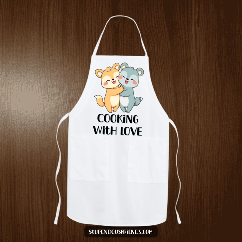 Funny hugging animals apron depicting two happy creatures in a warm hug, adding humor to kitchen duties.