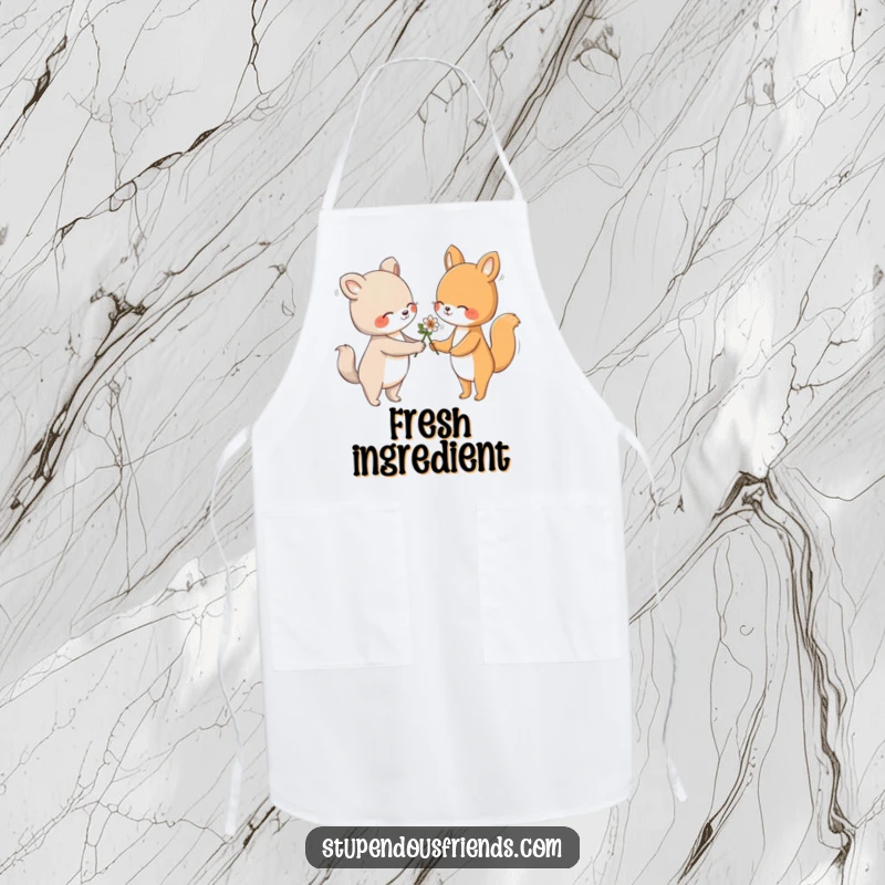 Funny apron showing an animal character gently handing a flower to another with a friendly gesture, adding cheer to kitchen activities.