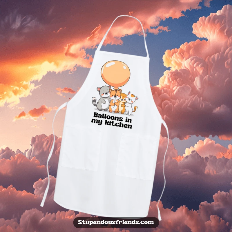 Funny Apron showing animal characters sharing a large, colorful balloon, their beaming faces adding a humorous and joyful touch to cooking.