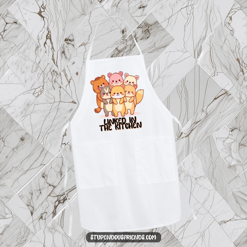 Funny apron illustrating a chain of animals holding hands, perfect for kitchen fun and spreading smiles.