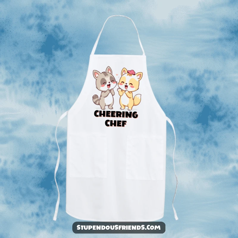 Funny apron showing an animal companion enthusiastically cheering, perfect for chefs who appreciate motivation and a good laugh.