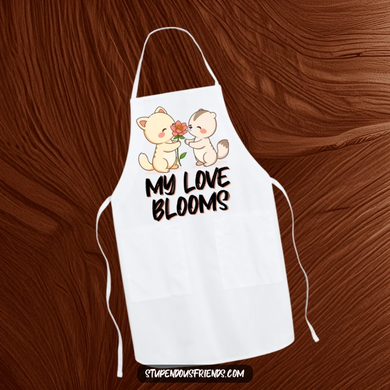 Funny apron showing an animal character offering a delicate, blooming flower to another, perfect for adding a sweet and kind touch to the kitchen.