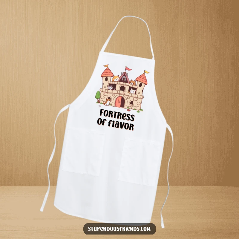 Funny apron showing animal friends building a whimsical fort, perfect for cooks who enjoy teamwork and a lighthearted atmosphere.