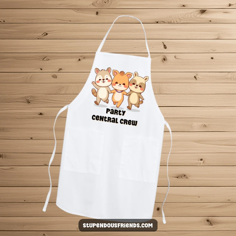 Funny apron graphic illustrating a group of happy animal characters skipping gaily, perfect for kitchen fun.