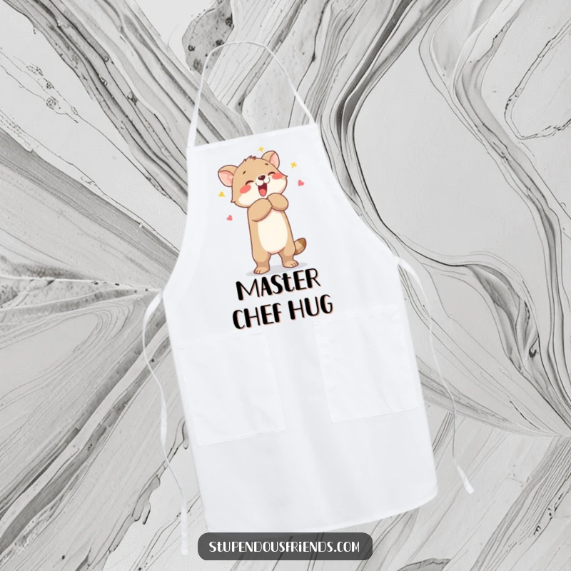 Funny apron depicting an animal character enthusiastically hugging another, ideal for kitchen protection with a humorous, celebratory vibe.