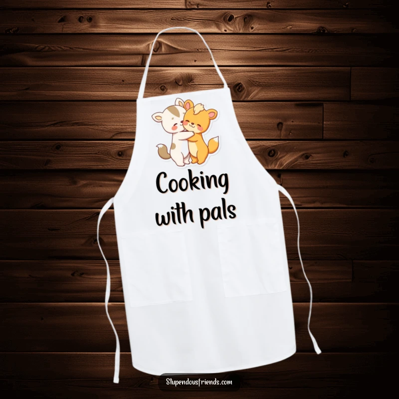 Funny apron with two adorable animal characters sharing a warm hug, perfect for the kitchen.