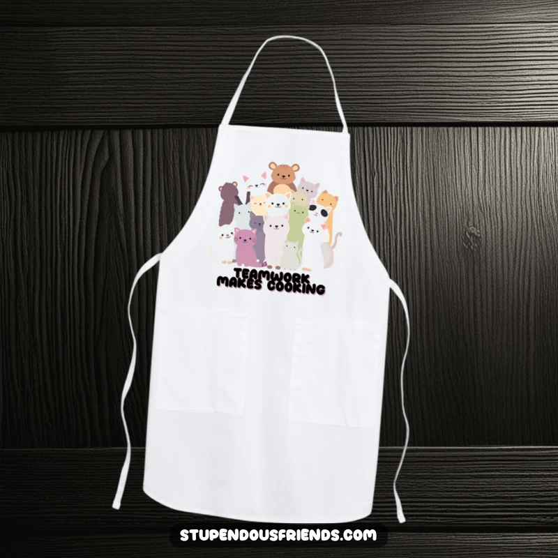 Funny kitchen apron with diverse animal silhouettes forming a happy huddle, suitable for cooks who enjoy group spirit.