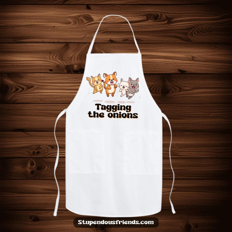 Funny apron illustrating animals energetically playing tag, ready for kitchen fun.