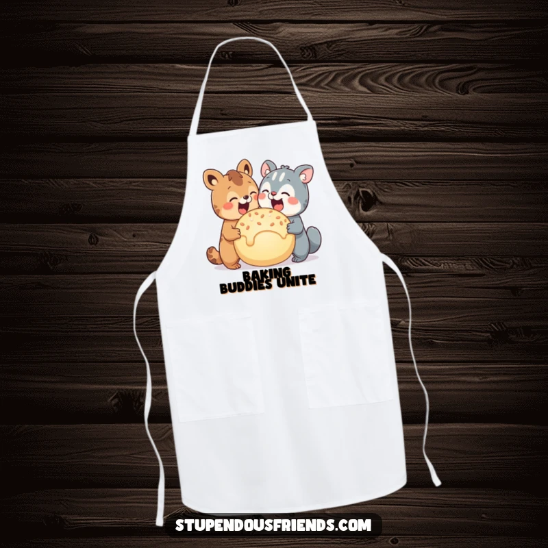 Funny apron featuring two animal characters happily sharing a giant, scrumptious treat, perfect for cooking together.