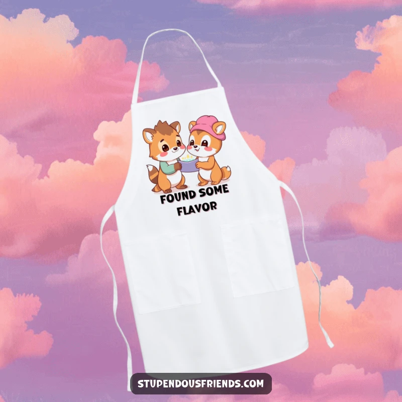 Funny apron showing two animal characters looking at a shared, wondrous discovery with delight, inspiring kitchen adventures.