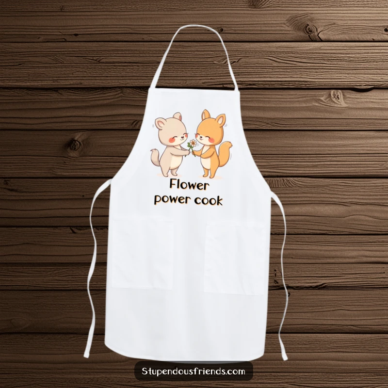 Funny Apron illustrating an animal presenting a flower with a kind and friendly gesture, perfect for kitchen use.