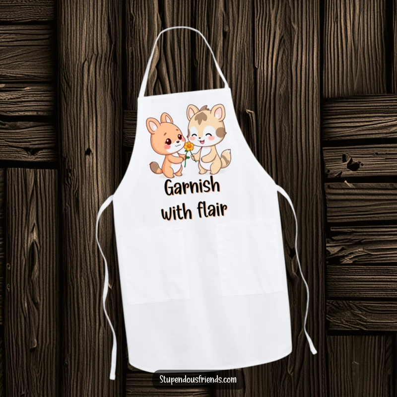 Funny apron design with a smiling animal character offering a flower, bringing warmth and kindness to the kitchen.