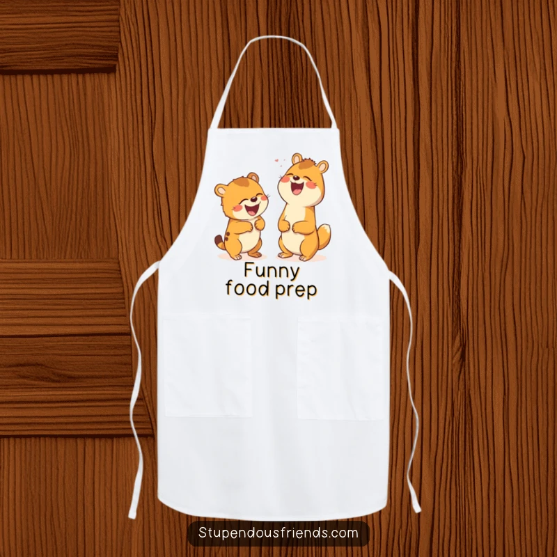 Funny apron showing two animals laughing uncontrollably at a joke, perfect for cooks who appreciate humor and a lighthearted kitchen.