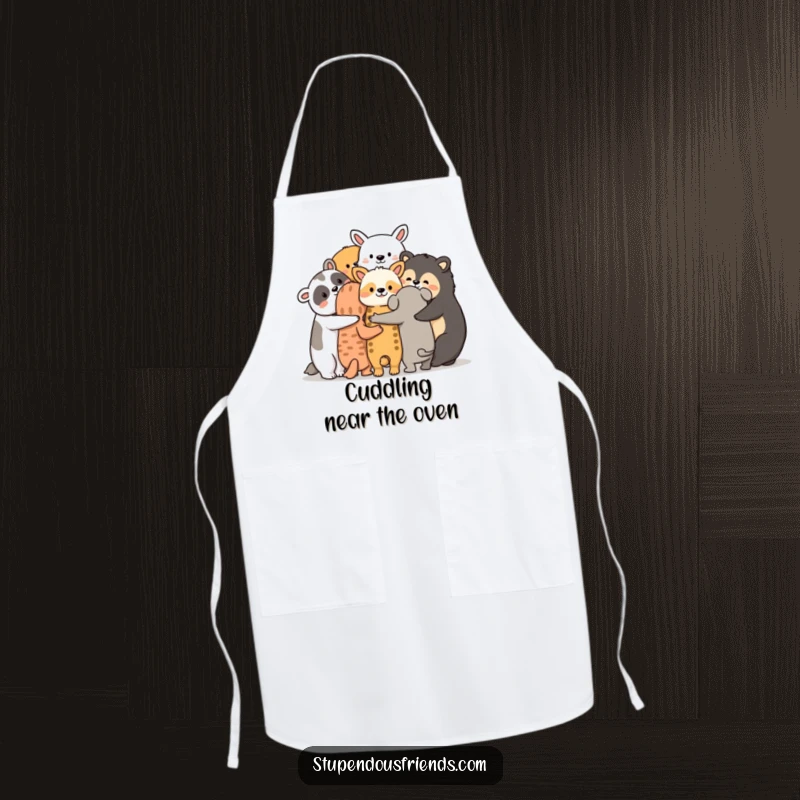 Funny animal friendship chef apron, a group huddled together with arms around each other, designed for cozy cooking.