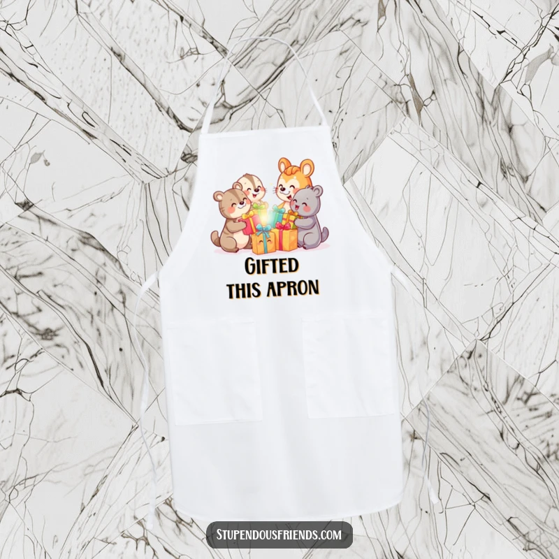 Funny apron depicting smiling animal characters exchanging brightly colored gifts, adding a humorous touch to kitchen activities.