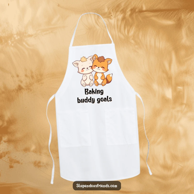 Funny kitchen apron showing two comical animals leaning together, sharing a joke and giggling while cooking.