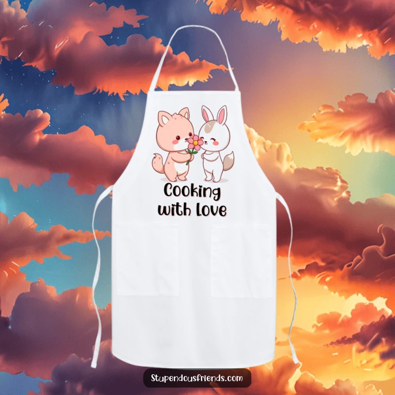 Funny Kawaii animal character offering a flower on a functional apron, a humorous and charming kitchen accessory for gifting.