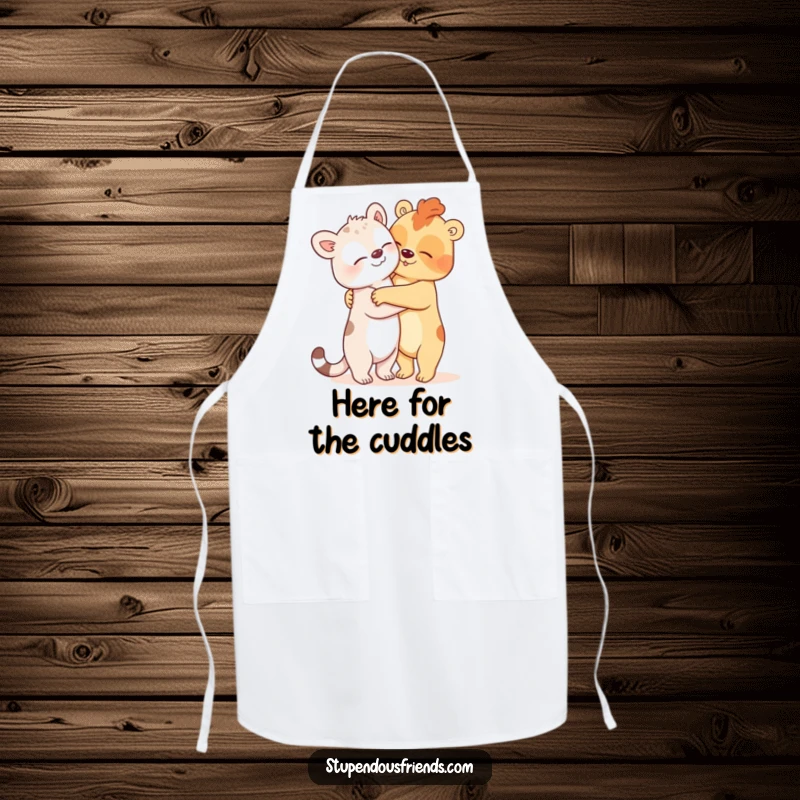 Funny Apron showing two animals in a comically oversized hug, perfect for the kitchen, adding a touch of humor and personality to cooking.