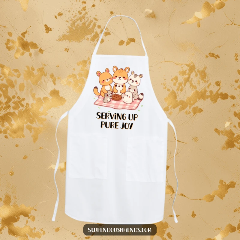 Funny apron with animals sharing food at a picnic, perfect for chefs who love humor. A culinary funny gift.