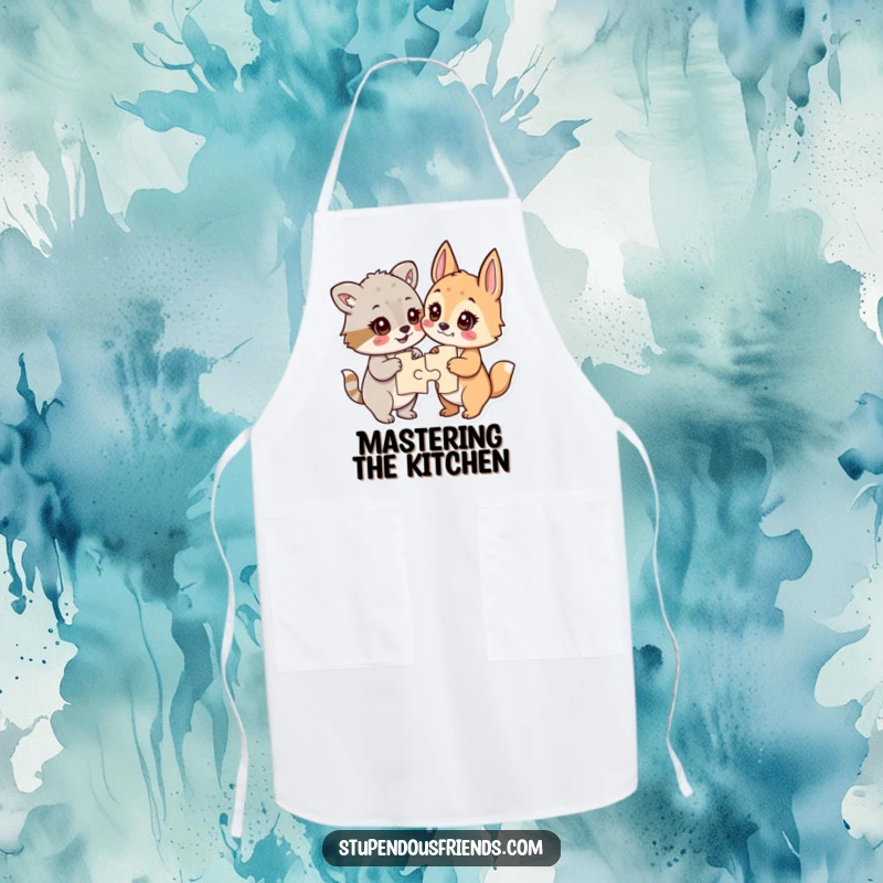 Funny apron showing animals with sparkling eyes, proudly displaying their completed jigsaw puzzle, perfect for kitchen fun.