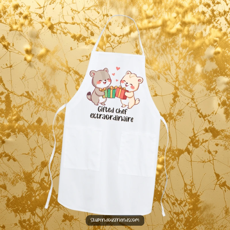 Funny animal characters joyfully exchanging brightly wrapped gifts, adding a humorous and festive touch to this kitchen apron.