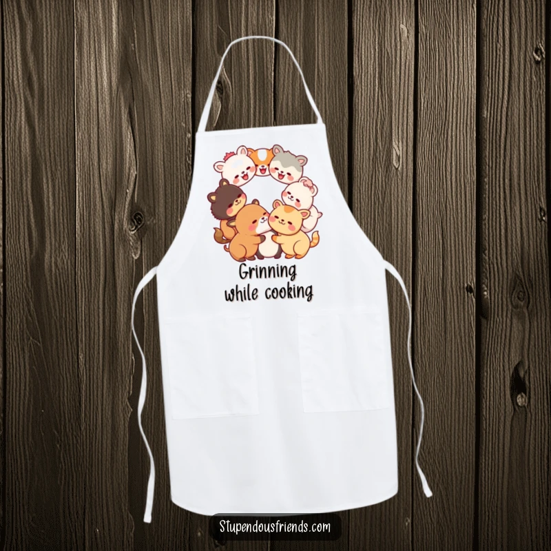Funny Kawaii animals forming a laughing circle on a functional apron, a humorous and delightful kitchen accessory for gifting.