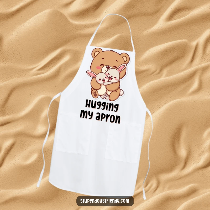 Funny bear and rabbit chef apron, depicting a bear cheerfully hugging a rabbit, designed for warm cooking.