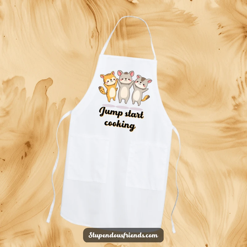 Funny apron design with a group of happy animal characters holding hands and jumping in a circle, bringing energy to the kitchen.