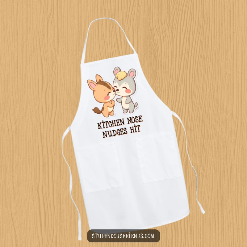 Funny apron featuring an animal character gently nudging a friend with its nose, perfect for cooking together.