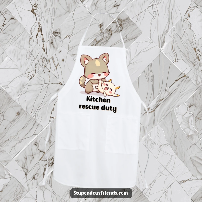 Funny Apron: A whimsical animal character helping another character up, adding a touch of kindness to kitchen tasks.
