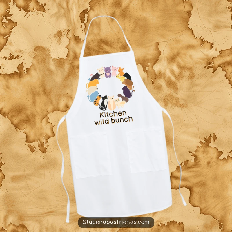 Funny Apron designed with a circle of diverse animal silhouettes, perfect for kitchen activities.