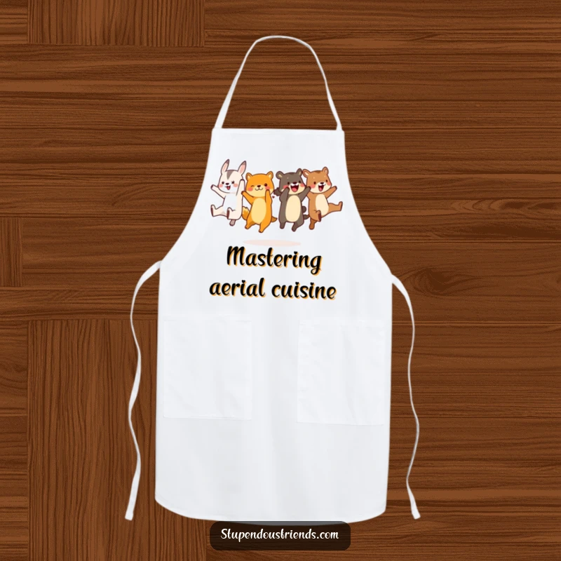 Funny animal characters performing a hilarious synchronized leap, ready to add comical flair to any cooking or baking session on this apron.