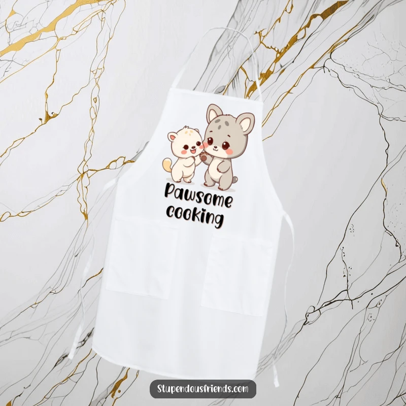 Funny kitchen apron with an animal character offering a friendly paw, designed for cooks who appreciate kindness.