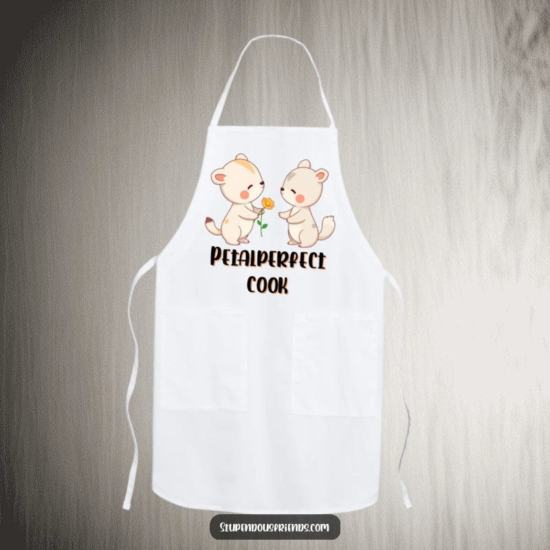 Funny apron showing an animal offering a flower to another with a gentle nod, promoting kindness in the kitchen.