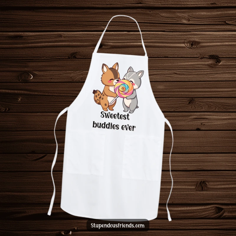 Funny apron depicting two happy animals sharing a giant, multi-colored lollipop, perfect for adding a sweet and humorous touch to the kitchen.