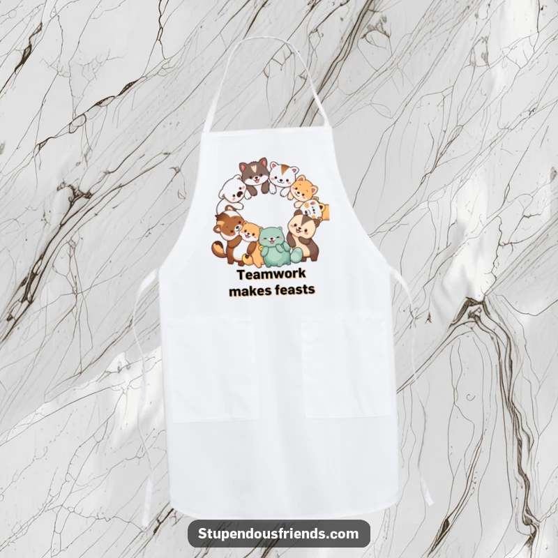 Funny apron displaying a circle of diverse, smiling animal characters holding paws, making kitchen tasks more enjoyable.