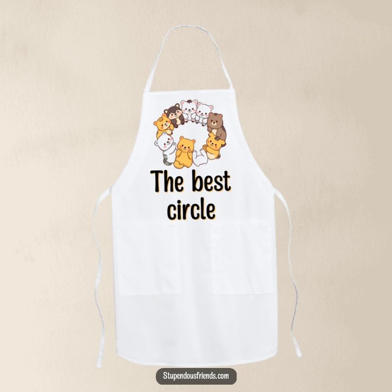 Funny apron art of diverse animal characters in a circle holding paws, adding humor and unity to the kitchen.