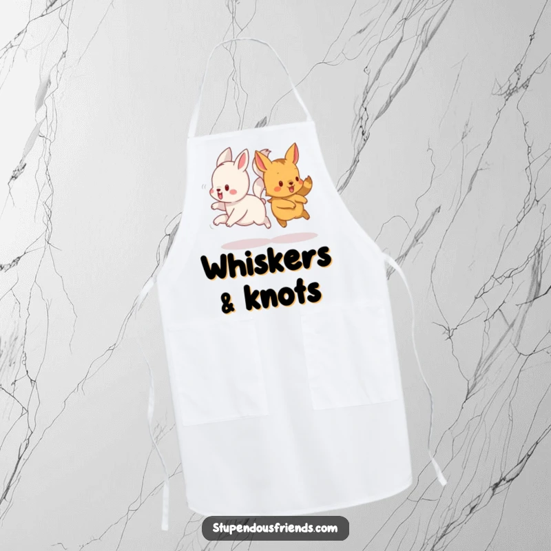 Funny apron illustrating a group of happy animals with their tails playfully intertwined, ready for kitchen fun.