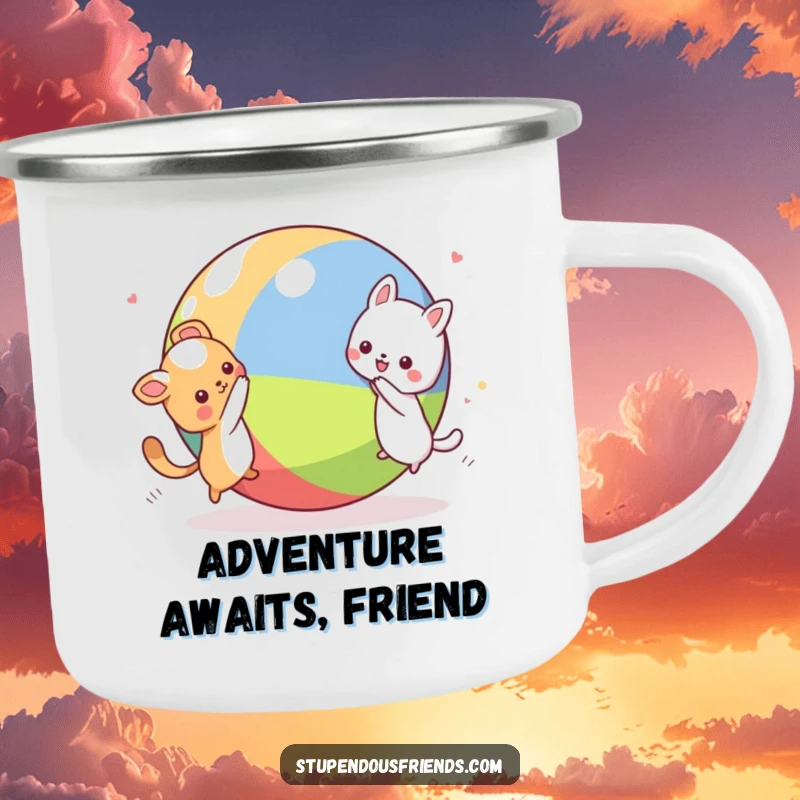 Funny Kawaii animal characters joyfully chasing around a big ball on a rustic enamel camping mug, a humorous outdoor gift.