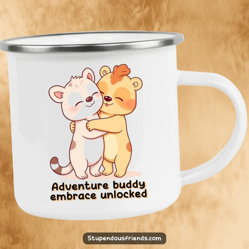 Funny Camping Mug with two animals sharing a comically oversized hug, ideal for outdoor enthusiasts who enjoy humor and companionship.